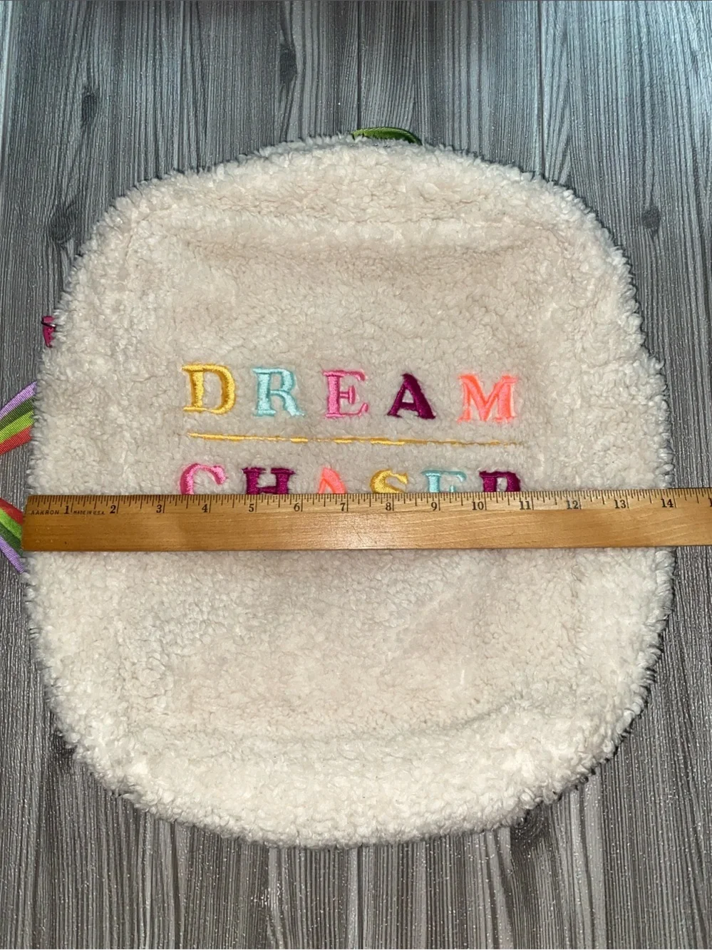 Dream Chaser Kids Faux Shearling Backpack - Cream With Colorful Embroidery